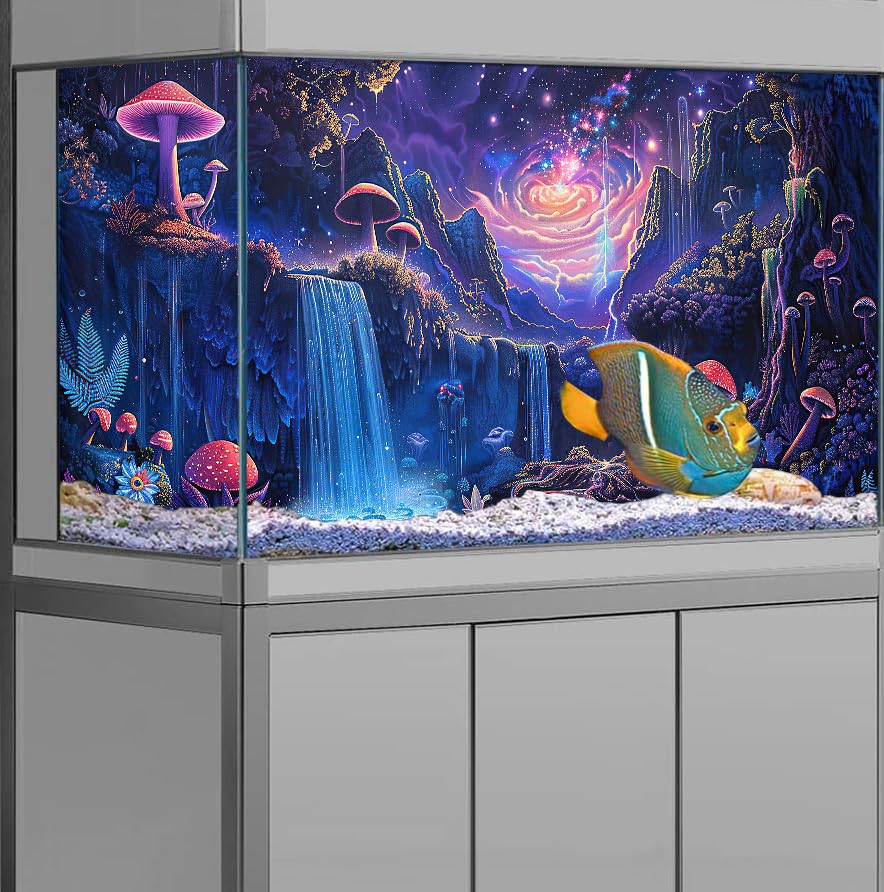 36" X 20" Galaxy Space Planet Aquarium Background, Waterfall Landscape Tapestry Fantasy Mountain Wave Wall Tapestry Mysterious Neon Plants Fish Tank with 10 EVA Double-Sided Tape - size: 36" X 20" （90X50 cm）