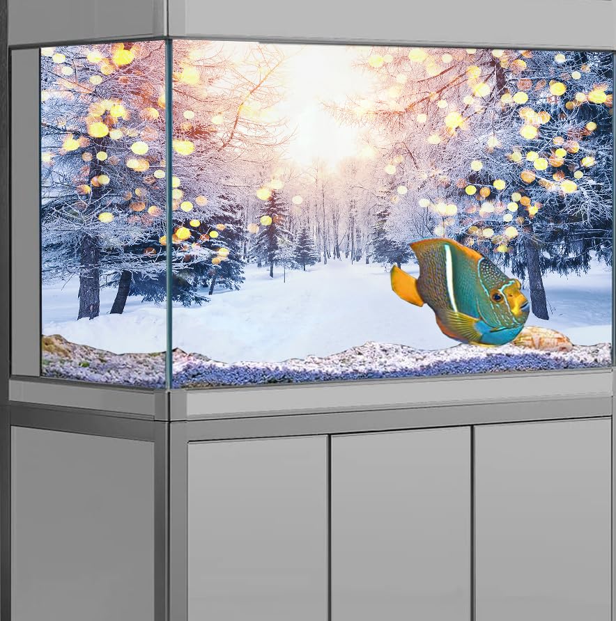 30X18IN Winter Snow Scene Aquarium Background, White Snow Covered Trees Pathway in Sunshine Winter Season Scenic Fish Tank Decorations Background, Christmas Art Terrarium Background - size: 30"L x 18"W