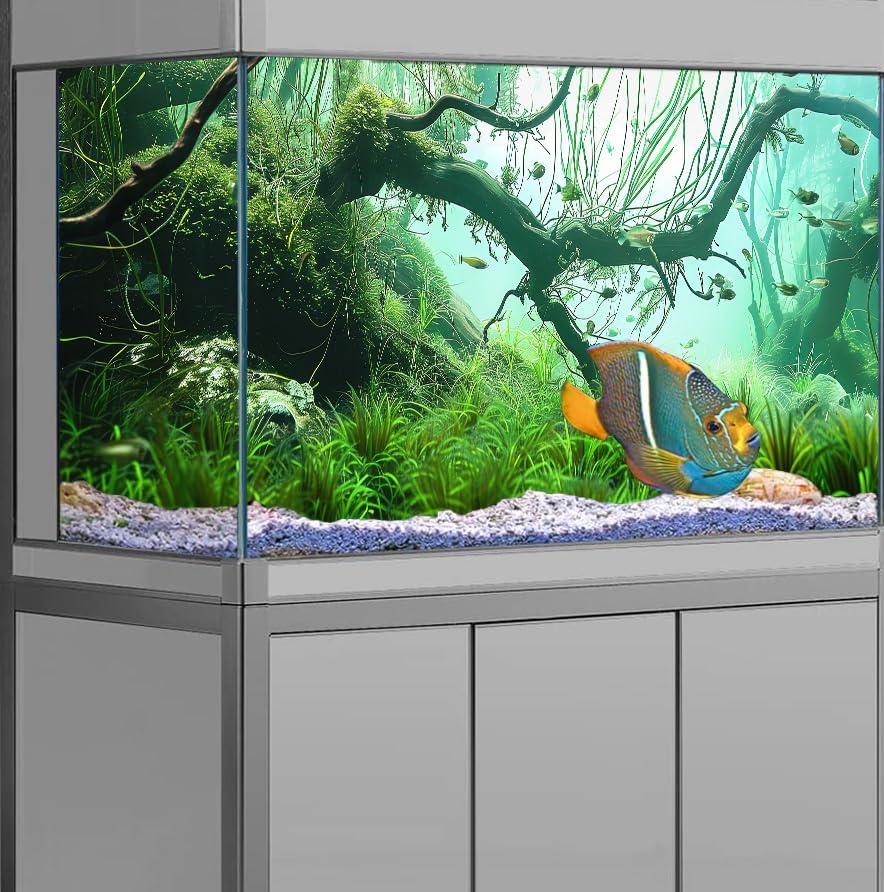 48X24IN Natural Submerged Forest Background Aquarium Background, 3D Image of Underwater Fish Tank Decoration, Greenery with 10 EVA Double-Sided Tape ﻿ - size: 48X24in/120X60cm