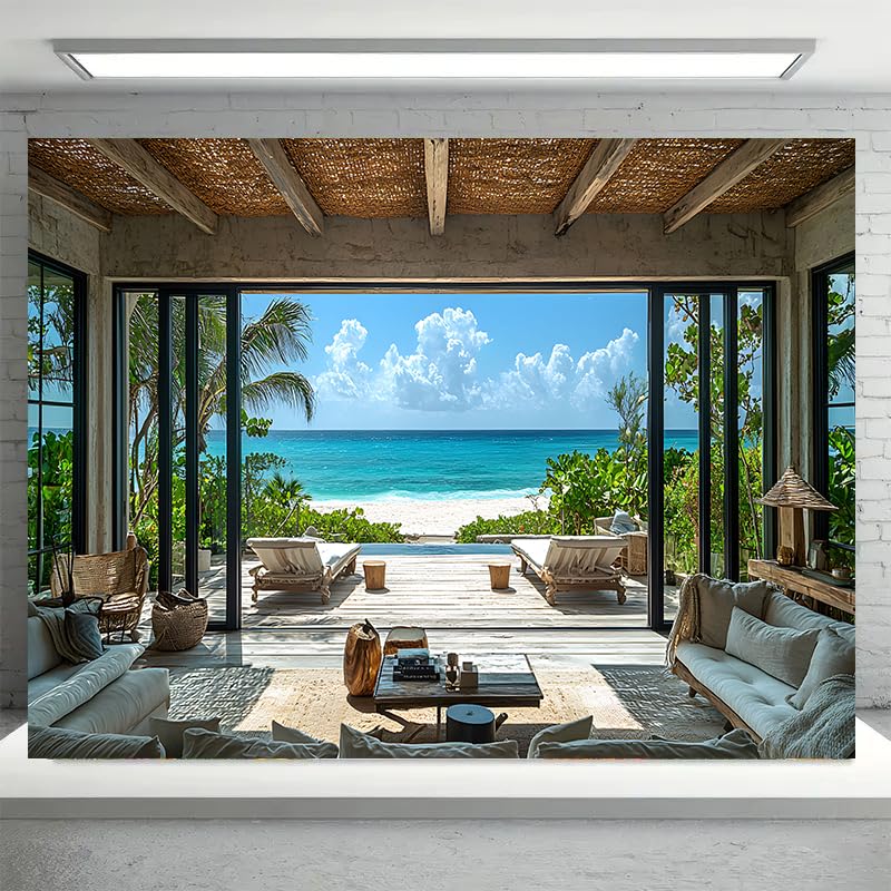 FENDROM Beach Decor Tapestry Ocean Sea Tropical Island Palm Tree Scenic View From Window Blue Sky,White Clouds Summer Tropical Scenery Wall Hanging Nature Tapestries For Bedroom Living Room Dorm - color: Beach, size: 90"L x 71"W