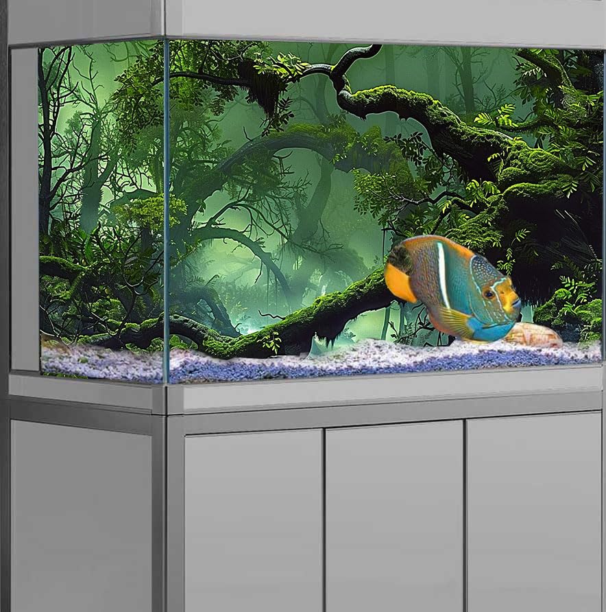 Foggy Forest Terrarium BackgroundStone Green Tree Tropical Reptile Habitat Rainforest Aquarium Background, Polyester Background 6 EVA Double-Sided Tapes 36x18 inches/90x45 - color: Forest, size: 36"L x 18"W