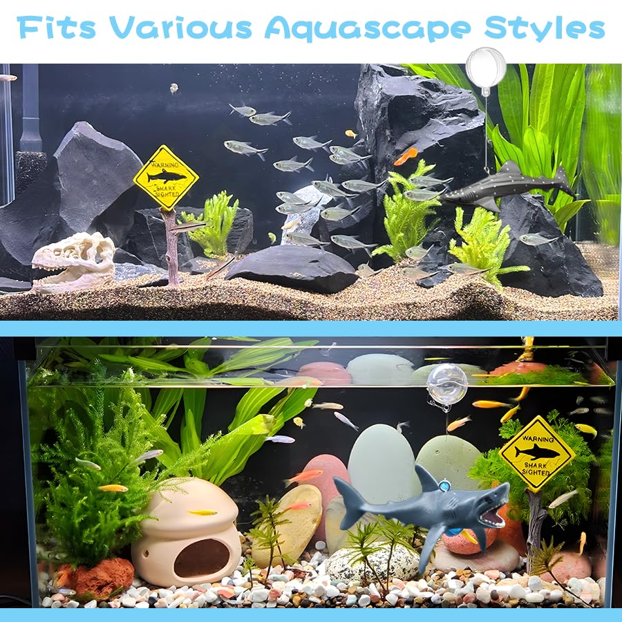 Aquarium Shark Decor Set-Floating Megalodon Decor with Shark Warning Sign for Fish Tanks -Fish Tank Accessories Decorations