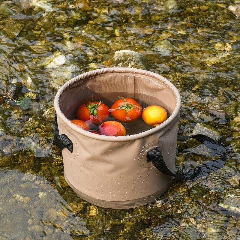 Collapsible Bucket 2.6/5.3 Gallon Portable Camping Outdoor Buckets Water Container Basin Foldable for Camping Hiking Travel Foot Soaking Fishing (Khaki, 10L(Diameter 24cm;Height 21cm))
