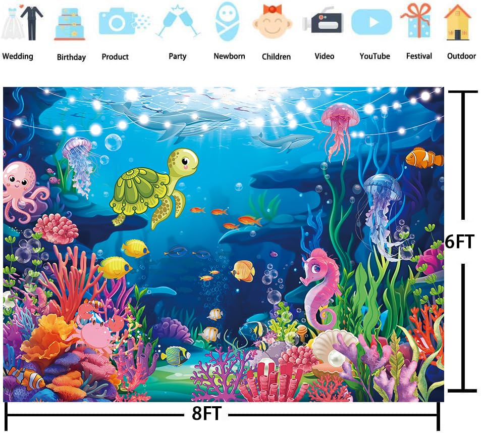 Under The Sea Photography Backdrop 8x6ft Underwater World Coral Reef Background for Ocean Theme Baby Shower Decorations Birthday Party Cake Table Decor Banner (8x6FT（240x180cm）) - size: 8 x 6 ft