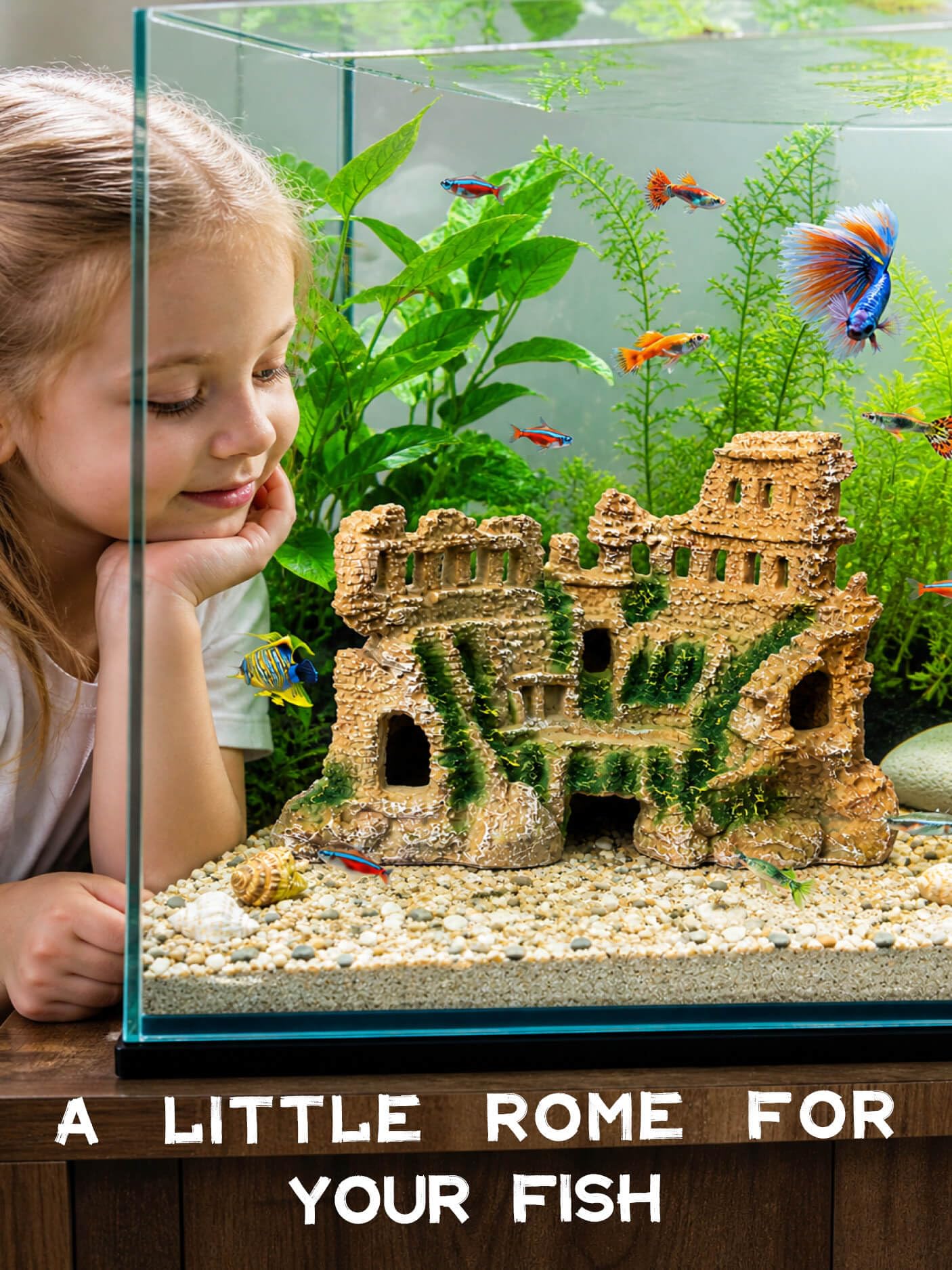 Fish Tank Decor - Antique Roman Column Ruin Ornament for Aquarium, Aquarium Hideout with European Castle Texture for Betta, Guppy, Shrimp - Safe Aquatic Decoration, Fish Hiding House - color: Large Colosseum Décor