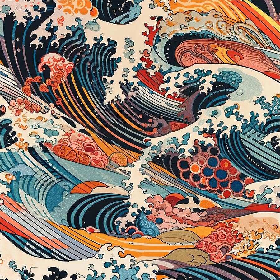 Watercolor Red/Yellow/Blue Japanese Sea Wave Peel and Stick Wallpaper Wall Decor Self Adhesive Wall Paper Stick on Easy Peel Off Contact for Renter Apartment - color: Red/Yellow/Blue, size: 17.7" x 236"